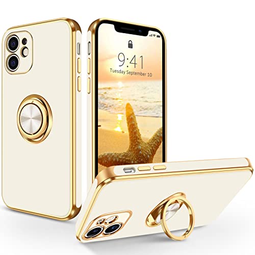 SouliGo iPhone 11 Hülle, iPhone 11 Handyhülle Slim weiche TPU Silikon Case Cover mit 360 Grad Ring Halter Ständer stabil Kratzfest Hülle für iPhone 11 Weiß Gold von SouliGo