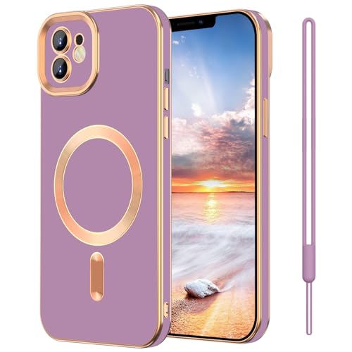 SouliGo iPhone 11 Hülle, iPhone 11 Handyhülle mit Band [Kompatibel mit Magsafe] Magnetische Plating Soft TPU Case Kratzfeste Stoßfeste Schutzhülle für iPhone 11 6,1'' Lila Gold von SouliGo