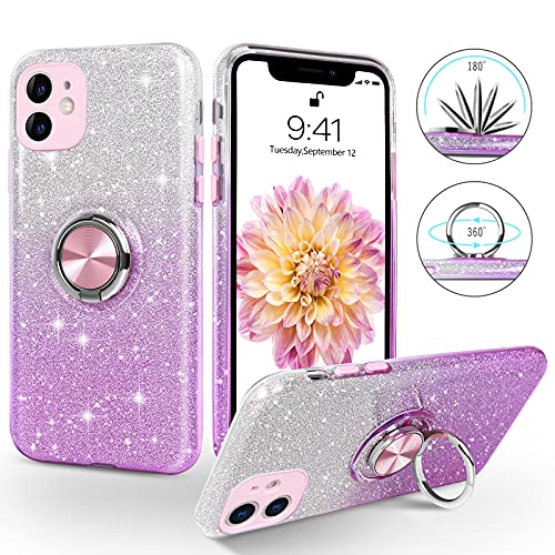 SouliGo iPhone 11 Hülle, iPhone 11 Hülle Glitzer, iPhone 11 Handyhülle Silikon Case Cover mit 360 Grad Ring Halter Ständer stabil Kratzfest Hülle für iPhone 11 6.1 Zoll Bling Violett von SouliGo