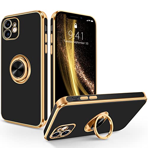 SouliGo iPhone 12 Hülle, iPhone 12 Handyhülle Slim weiche TPU Silikon Case Cover mit 360 Grad Ring Halter Ständer stabil Kratzfest Hülle für iPhone 12 6.1'' Schwarz Gold von SouliGo