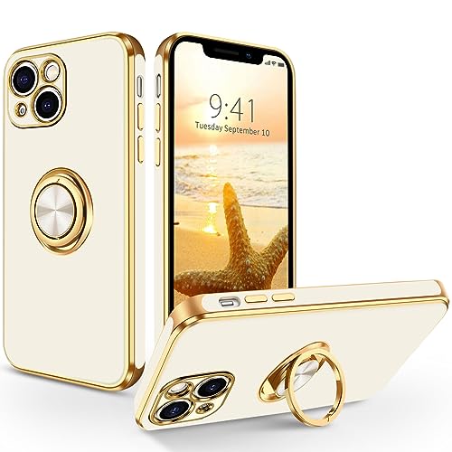 SouliGo iPhone 13 Hülle, iPhone 13 Handyhülle Slim weiche TPU Silikon Case Cover mit 360 Grad Ring Halter Ständer stabil Kratzfest Hülle für iPhone 13 6.1'' Weiß Gold von SouliGo