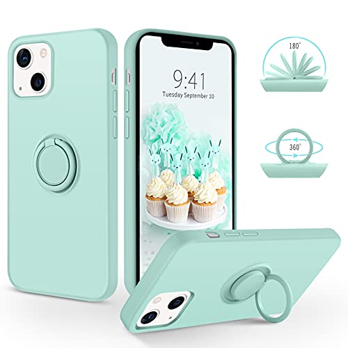 SouliGo iPhone 14 Hülle, iPhone 14 Handyhülle Silikon Gel Slim Case Cover mit 360 Grad Ring Halter Ständer stabil Kratzfest Hülle für iPhone 14 6.1'' Hellgrün von SouliGo