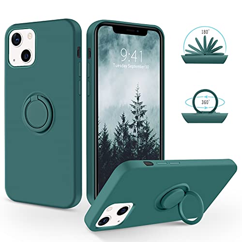 SouliGo iPhone 14 Hülle, iPhone 14 Handyhülle Silikon Gel Slim Case Cover mit 360 Grad Ring Halter Ständer stabil Kratzfest Hülle für iPhone 14 6.1'' Kieferngrün von SouliGo