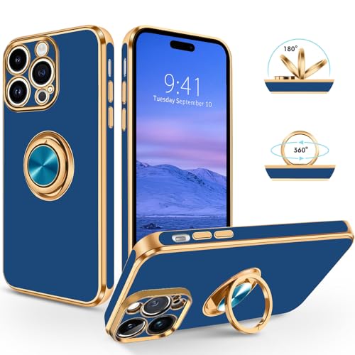 SouliGo iPhone 14 Pro Hülle, Slim weiche TPU Silikon Case Cover mit 360 Grad Ring Halter Ständer, stabil Kratzfest für iPhone 14 Pro 6.1'' Blau Gold von SouliGo