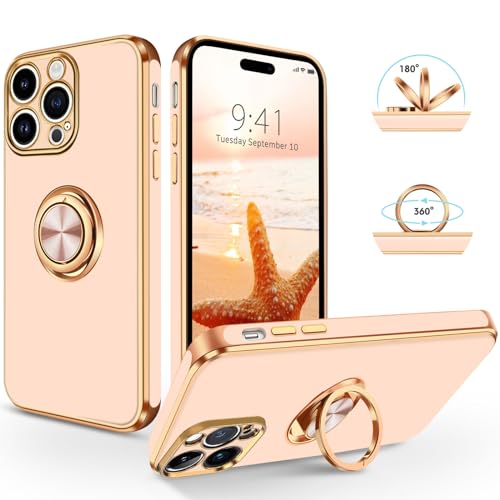 SouliGo iPhone 14 Pro Hülle, Slim TPU Silikon Case Cover mit Ringhalter Ständer, Kratzfest für iPhone 14 Pro 6.1'' Pink Gold von SouliGo