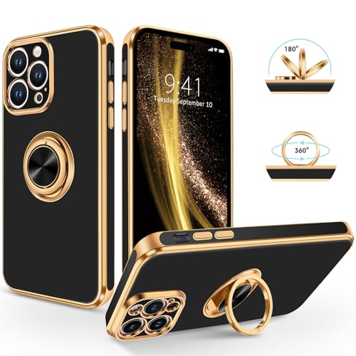 SouliGo iPhone 14 Pro Hülle, iPhone 14 Pro Handyhülle Slim weiche TPU Silikon Case Cover mit 360 Grad Ring Halter Ständer stabil Kratzfest Hülle für iPhone 14 Pro 6.1'' Schwarz Gold von SouliGo