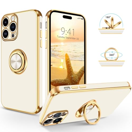 SouliGo iPhone 14 Pro Hülle, iPhone 14 Pro Handyhülle Slim weiche TPU Silikon Case Cover mit 360 Grad Ring Halter Ständer stabil Kratzfest Hülle für iPhone 14 Pro 6.1'' Weiß Gold von SouliGo