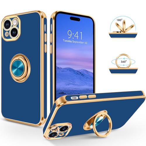 SouliGo iPhone 15 Hülle, iPhone 15 Handyhülle Slim weiche TPU Silikon Case Cover mit 360 Grad Ring Halter Ständer stabil Kratzfest Hülle für iPhone 15 6.1'' Blau Gold von SouliGo