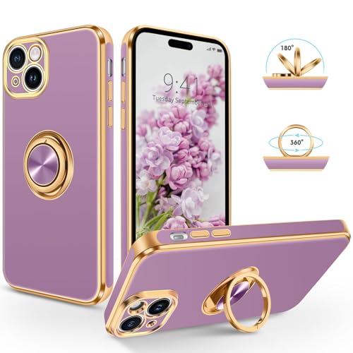 SouliGo iPhone 15 Hülle, iPhone 15 Handyhülle Slim weiche TPU Silikon Case Cover mit 360 Grad Ring Halter Ständer stabil Kratzfest Hülle für iPhone 15 Lila Gold von SouliGo