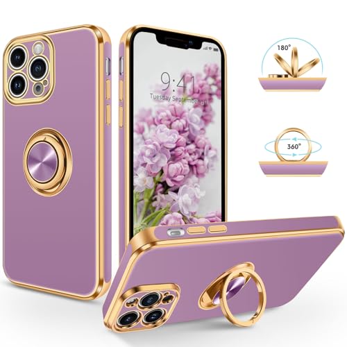 SouliGo iPhone 15 Pro Hülle, iPhone 15 Pro Handyhülle 360° Ringhalter Kickstand für magnetische Autohalterung Slim Luxury Plating Soft TPU Anti-Scratch Protective Bumper Cover iPhone 15 Pro, Lilac von SouliGo