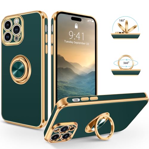SouliGo iPhone 15 Pro Hülle, iPhone 15 Pro Handyhülle Slim weiche TPU Silikon Case Cover mit 360 Grad Ring Halter Ständer stabil Kratzfest Hülle für iPhone 15 Pro 6.1'' Grün Gold von SouliGo