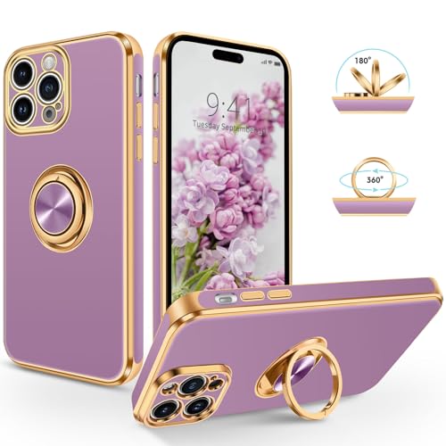 SouliGo iPhone 15 Pro Hülle, Slim weiche TPU Silikon Case Cover mit 360 Grad Ring Halter Ständer stabil Kratzfest Hülle für iPhone 15 Pro 6.1'' Lila Gold von SouliGo