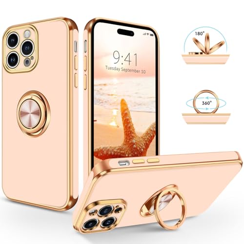 SouliGo iPhone 15 Pro Hülle, iPhone 15 Pro Handyhülle Slim weiche TPU Silikon Case Cover mit 360 Grad Ring Halter Ständer stabil Kratzfest Hülle für iPhone 15 Pro 6.1'' Pink Gold von SouliGo