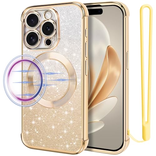 SouliGo iPhone 15 Pro Hülle Glitzer Transparent Handyhülle [Kompatibel mit Magsafe] [Glitzer Karte & Handschlaufe] Magnetische Clear Soft TPU Case Stoßfeste Schutzhülle für iPhone 15 Pro 6,1’’ Gold von SouliGo