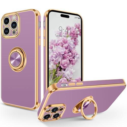 SouliGo iPhone 15 Pro Max Hülle, iPhone 15 Pro Max Handyhülle Slim weiche TPU Silikon Case Cover mit 360 Grad Ring Halter Ständer stabil Kratzfest Hülle für iPhone 15 Pro Max Lila Gold von SouliGo