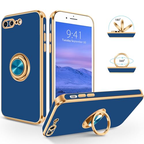 SouliGo iPhone 7 Plus Hülle, iPhone 8 Plus Hülle Handyhülle, Slim Weiche TPU Silikon Case mit 360 Grad Ring Halter Ständer stabil Kratzfest Hülle für iPhone 7 Plus/8 Plus 5.5 Zoll Blau Gold von SouliGo