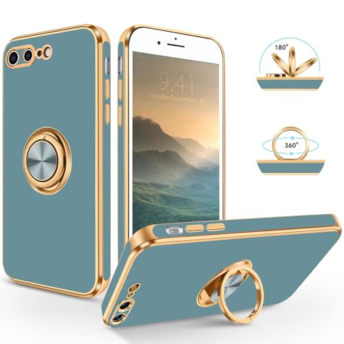 SouliGo iPhone 7 Plus Hülle, iPhone 8 Plus Hülle Handyhülle, Slim Weiche TPU Silikon Case mit 360 Grad Ring Halter Ständer stabil Kratzfest Hülle für iPhone 7 Plus/8 Plus 5.5 Zoll Blau Grau von SouliGo