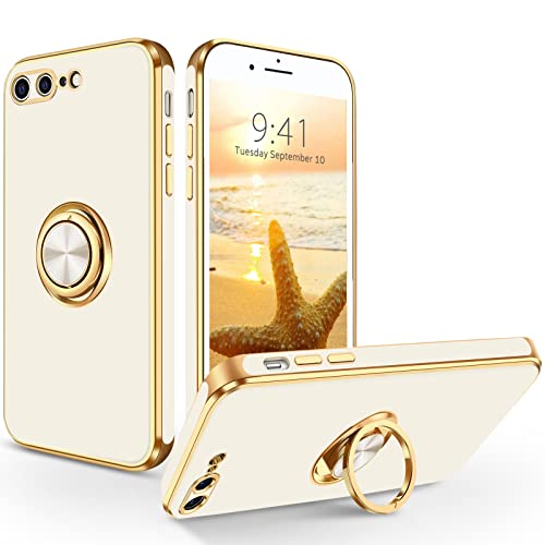 SouliGo iPhone 7 Plus Hülle, iPhone 8 Plus Hülle Handyhülle, Slim Weiche TPU Silikon Case mit 360 Grad Ring Halter Ständer stabil Kratzfest Hülle für iPhone 7 Plus/8 Plus 5.5 Zoll Weiß Gold von SouliGo
