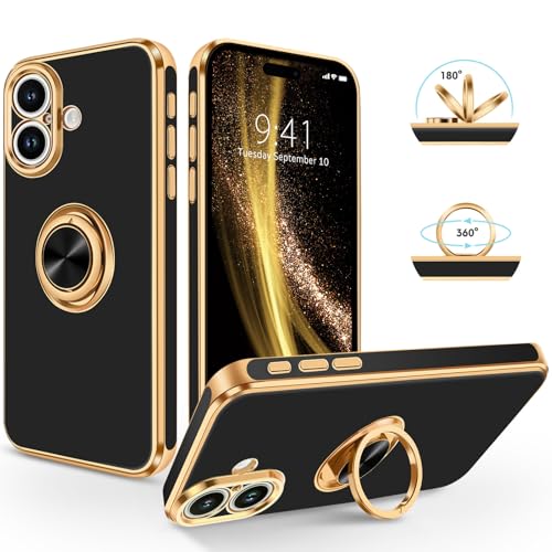 SouliGo iPhone 16 Hülle, iPhone 16 Handyhülle Slim weiche TPU Silikon Case Cover mit 360 Grad Ring Halter Ständer stabil Kratzfest Hülle für iPhone 16 6.1'' Schwarz Gold SouliGo iPhone 16 Hülle, iPhone 16 Handyhülle Slim weiche TPU Silikon Case Cover mit 360 Grad Ring Halter Ständer stabil Kratzfest Hülle für iPhone 16 6.1'' Schwarz Gold von SouliGo