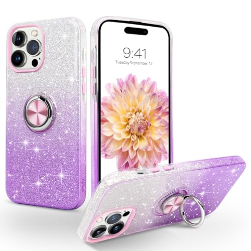 SouliGo iPhone 16 Pro Hülle Glitzer, Handyhülle Silikon Case Cover Mit 360 Grad Ring Halter Ständer Stabil Kratzfest für 6.3'' Bling Violett von SouliGo