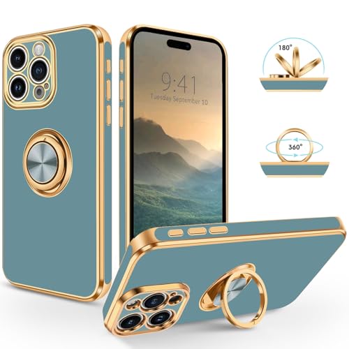 SouliGo iPhone 16 Pro Max Hülle, Slim Weiche TPU Silikon Case Cover Mit 360 Grad Ring Halter Ständer, Stabil Kratzfest Handyhülle Blau Grau von SouliGo