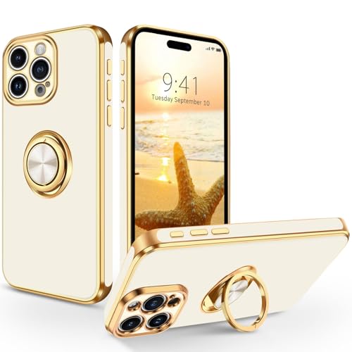 SouliGo iPhone 16 Pro Max Hülle, iPhone 16 Pro Max Handyhülle Slim weiche TPU Silikon Case Cover mit 360 Grad Ring Halter Ständer stabil Kratzfest Hülle für iPhone 16 Pro Max Weiß Gold von SouliGo