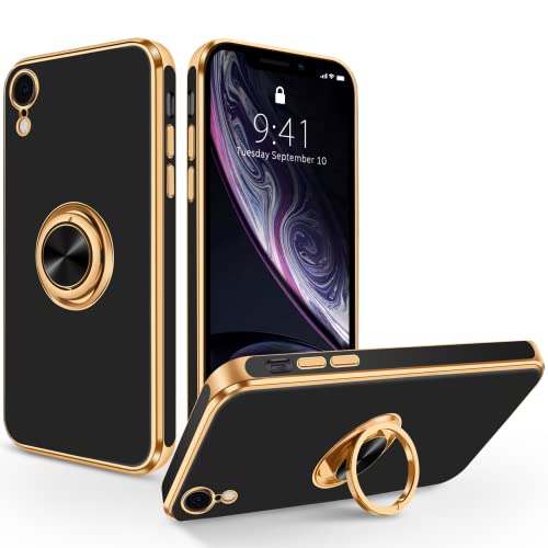 SouliGo iPhone XR Hülle, iPhone XR Handyhülle Slim weiche TPU Case Cover mit 360 Grad Ring Halter Ständer stabil Kratzfest Hülle für iPhone XR/iPhone 10 XR 6.1'' Schwarz Gold von SouliGo