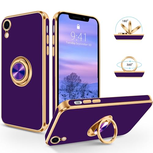 SouliGo iPhone XR Hülle, iPhone XR Handyhülle Slim weiche TPU Case mit 360 Grad Ring Halter Ständer stabil Kratzfest Hülle für iPhone XR/iPhone 10 XR 6.1 Zoll Violett Gold von SouliGo