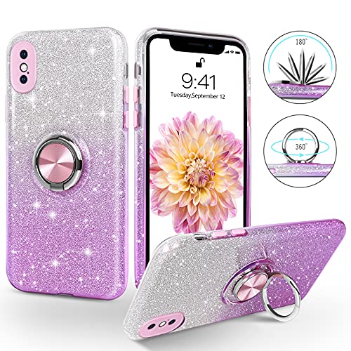 SouliGo iPhone XS Hülle, iPhone X Hülle Glitzer, iPhone X/XS Handyhülle Silikon Case Cover mit 360 Grad Ring Halter Ständer stabil Kratzfest Hülle für iPhone X/XS 5.8 Zoll Bling Violett von SouliGo