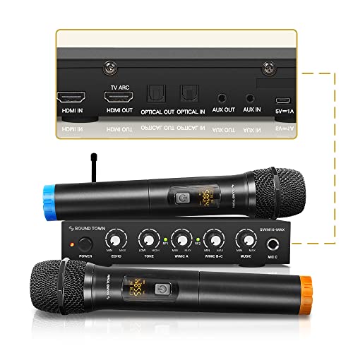 Sound Town Wireless Microphone Karaoke Mixer System with HDMI ARC, Optical (Toslink), AUX, Supports Smart TV, Media Box, PC, Bluetooth, Soundbar, Receiver (SWM16-MAX) von Sound Town