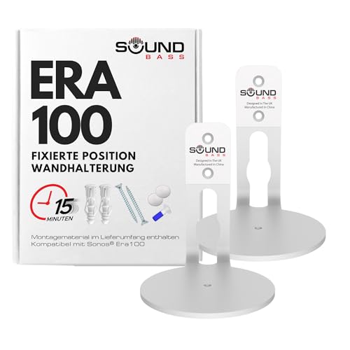 Sound bass ERA100 Wandhalterung, flaches Profil, Weiß, Doppelpack, kompatibel mit Sonos ERA 100 Lautsprecher, komplett mit allem Befestigungsmaterial von Sound bass