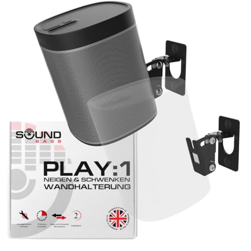 Play 1 Wandhalterung, Schwarz, 2er-Set, Kompatibel nur mit Sonos Play:1, Doppelpack, Verstellbarer Dreh- und Neigungsmechanismus, 2 Halterungen inklusive sämtlichem Befestigungsmaterial von Sound bass