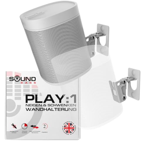 Sound bass Play 1 Wandhalterung (2), Verstellbarer Dreh-und Neigungsmechanismus, Einzelhalterung mit Befestigungsmaterial, Weiß, kompatibel mit Sonos Play:1 Lautsprecher von Sound bass