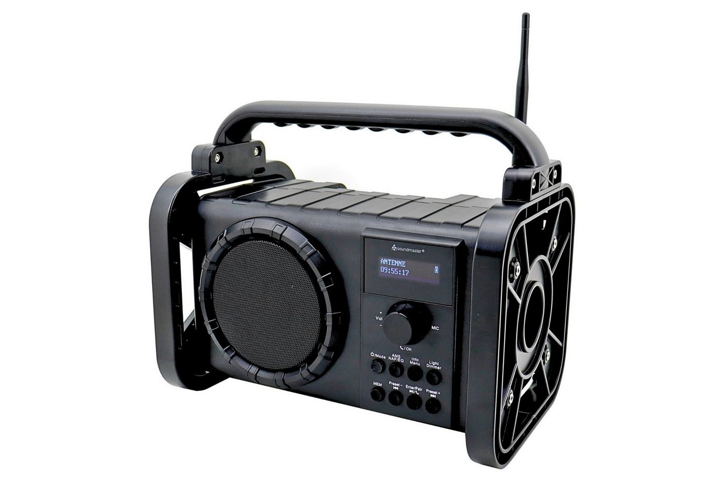 Soundmaster DAB80SW Baustellenradio DAB+ Bluetooth Akku IP44 spritzwassergeschützt Baustellenradio (DAB+, MW, PLL-UKW, FM, AM, Baustellenradio, ABS-Gehäuse, IP44 Spritzwasserschutz) von Soundmaster