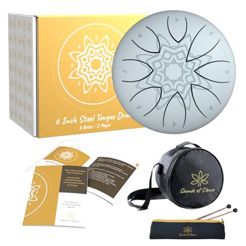 Steel Tongue Drum All Inclusive Set - 6 Zoll 8 Noten Stahl Zungentrommeln Für Erwachsene, Klangheilungsinstrumente, Entspannungsgeschenke, Musikinstrumente (White Mandala) von Sounds Of Silence