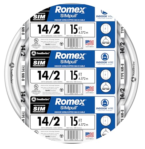 Southwire 28827426 15-Feet 14-Gauge 2 Conductors 14/2 with Ground Type NM-B Romex SIMpull Indoor Building Wire, White Outer Jacket by Southwire Southwire 28827426 15-Feet 14-Gauge 2 Conductors 14/2 with Ground Type NM-B Romex SIMpull Indoor Building Wire, White Outer Jacket by Southwire von Southwire