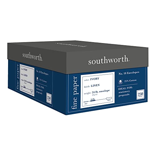 Southworth 25% Cotton Business #10 Envelopes, 4.125” x 9.5”, 24 lb/90 GSM, Linen Finish, Ivory, 250 Envelopes - Packaging May Vary (J564-10) von Southworth