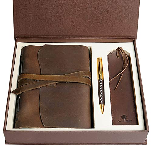 Leder Tagebuch A5 Notizbuch Journal Geschenk Set mit Antik Leder Lesezeichen + Stift handgefertigt Schreiben 20x15cm ungefüttert ledergebundenes Tägliche Notizblock für Männer Frauen Reisetagebuch von Sovereign-Gear