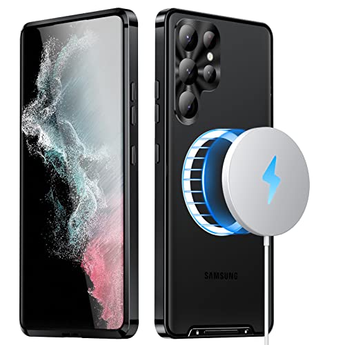 Hülle für Samsung Galaxy S23/S23Ultra/S23Plus,Kompatibel mit MagSafe Sliding Safety Lock Metal Frame Bumper Ultra Slim Translucent Matte PC Back Cover mit Camera Lens Protector,Black,S23Ultra von Soyeacrg