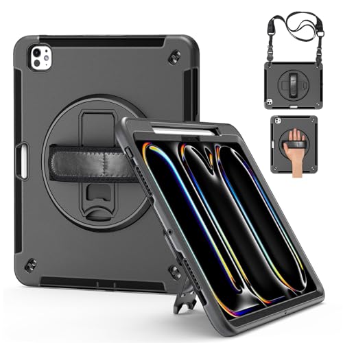 Soyeacrg Hülle für iPad Pro 13 Zoll (M4, 2024), strapazierfähige, robuste Ganzkörper-Schutzhülle mit 360-Grad-Drehständer und Griff – Displayschutzfolie – Schultergurt – Stifthalter,A von Soyeacrg