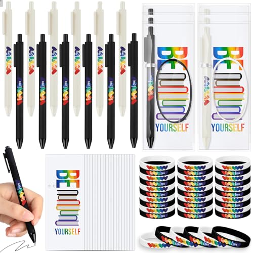 Spakon 300 Set Gay Pride Geschenke Regenbogen Silikon Armband LGBT einziehbarer Kugelschreiber schwarze Tinte Geschenkkarten mit Drehbändern, Pride Dekorationen für Paraden Regenbogen Festival Gay von Spakon