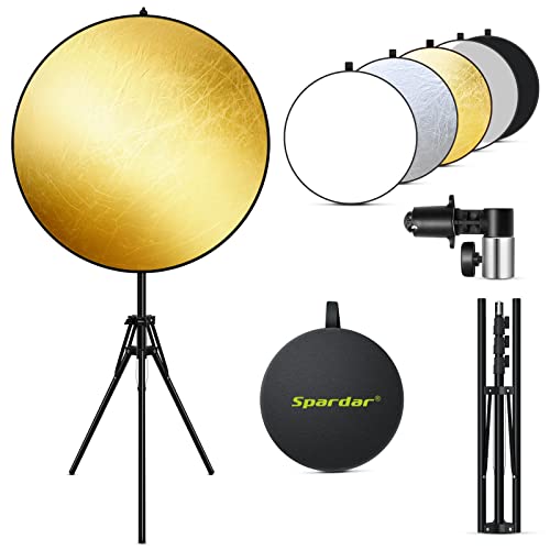 Spardar 110CM 5 in 1 Reflektor Mit Stativ, Runder Faltreflektor (Diffusor und Gold/Silber/Weiß/Schwarz Reflektor Fotografie) Mit Reflektorhalter und 200cm ausziehbarem Halterung für Studio Fotografie von Spardar