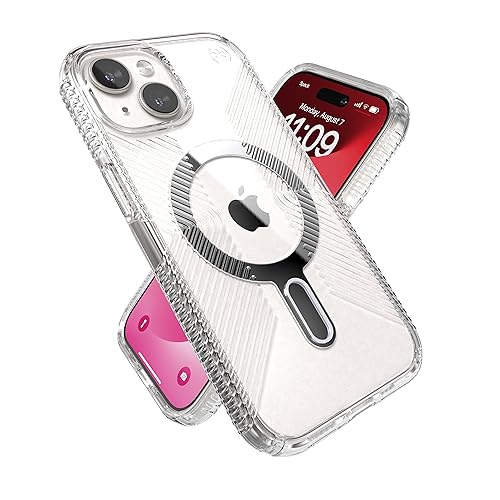 Speck Klare iPhone 15 Hülle – ClickLock rutschfeste Interlock, gebaut für MagSafe, Fallschutzgriff – für iPhone 15, iPhone 14, iPhone 13 – Anti-Gelb 6,1 Zoll Handyhülle – Presidio Grip Clear/Chrom von Speck