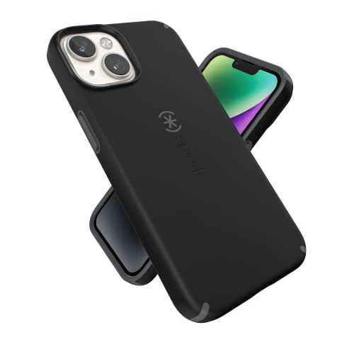 Speck Schutzhülle für iPhone 14 & iPhone 13, schlanke Handyhülle mit Fallschutz, Kratzfest mit Soft Touch für 6,1 Zoll iPhones – zweilagige Hülle, Schwarz/Schiefergrau CandyShell Pro von Speck