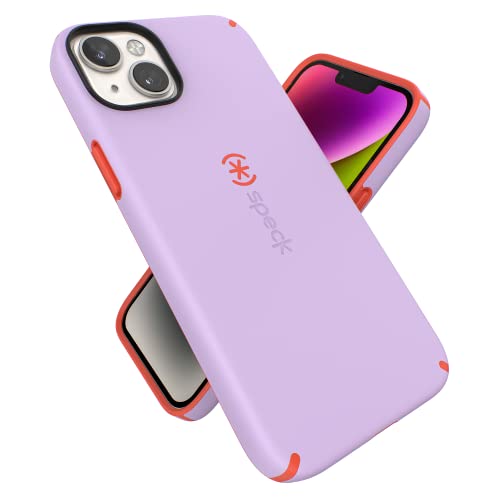 Speck Schutzhülle für iPhone 15 Plus & 14 Plus – schlanke Handyhülle mit Fallschutz, Kratzfest mit Soft Touch für 6,7 Zoll iPhone – zweilagige Hülle, Frühlingslila/Energierot CandyShell Pro von Speck