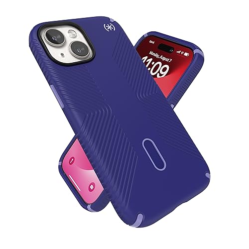 Speck iPhone 15 Hülle – ClickLock rutschfeste Interlock, MagSafe, Fallschutzgriff – für iPhone 15, iPhone 14, iPhone 13–6,1 Zoll Handyhülle – Presidio2 Grip Future Blue/Purple Ink/Sky Purple von Speck