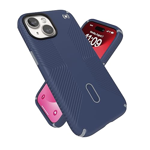 Speck iPhone 15 Hülle – ClickLock rutschfeste Interlock, gebaut für MagSafe, Fallschutzgriff – für iPhone 15, iPhone 14, iPhone 13–6,1 Zoll Handyhülle – Presidio2 Grip Coastal Blue/Dust Grey/White von Speck