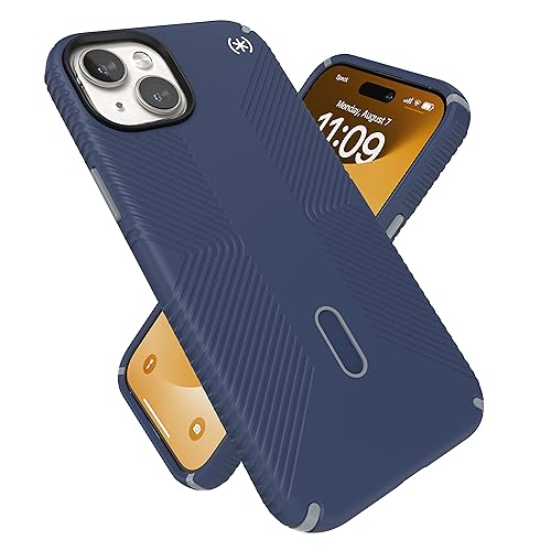 Speck iPhone 15 Plus Hülle – ClickLock rutschfeste Interlock, MagSafe, Fallschutzgriff – für iPhone 15 Plus & iPhone 14 Plus – 6,7 Zoll Handyhülle – Presidio2 Grip Coastal Blue/Dust Grey/White von Speck