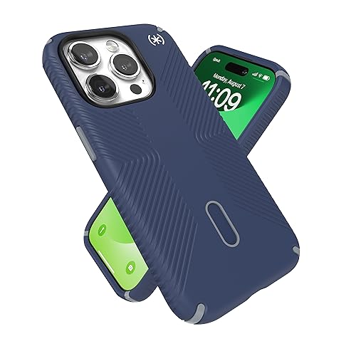 Speck iPhone 15 Pro Hülle – ClickLock rutschfeste Interlock, gebaut für MagSafe, Fallschutzgriff – Kratzfest, weiche Haptik, 6,1 Zoll Handyhülle – Presidio2 Grip Coastal Blue/Dust Grey/White von Speck