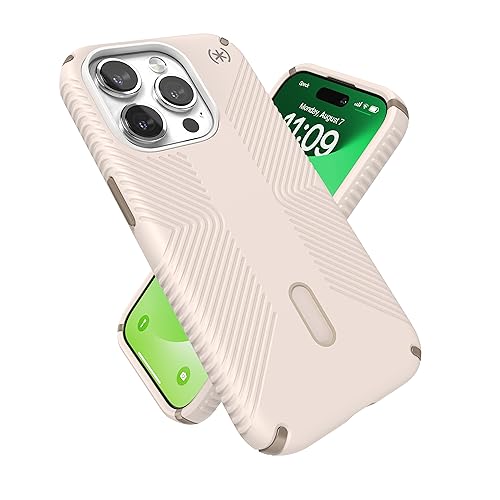 Speck iPhone 15 Pro Hülle – ClickLock rutschfeste Interlock, gebaut für MagSafe, Fallschutzgriff – Soft Touch 6,1 Zoll Handyhülle – Presidio2 Grip Bleached Bone/Erbstück Gold/Haselnussbraun von Speck